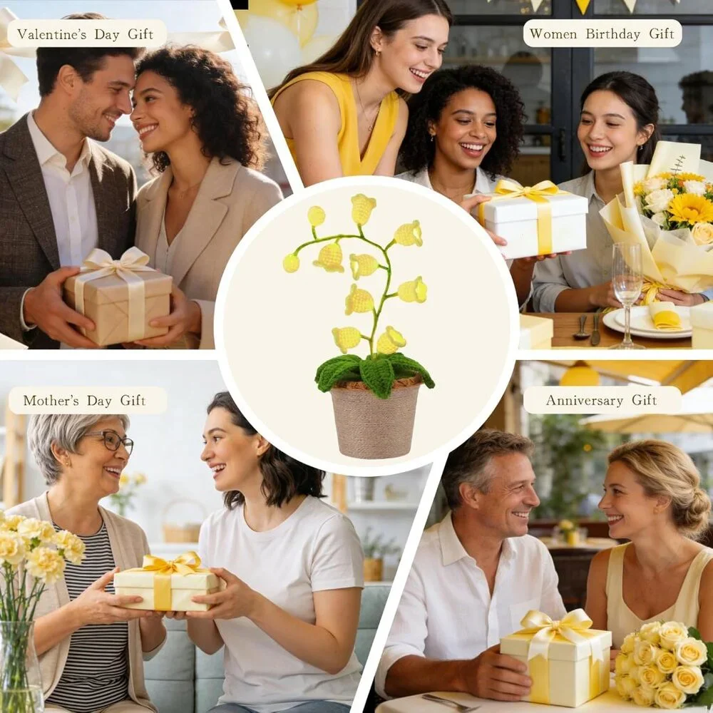 Artificial Cream Cute Lily Valley Flower Handmade Crochet Lamp Led Light Decor